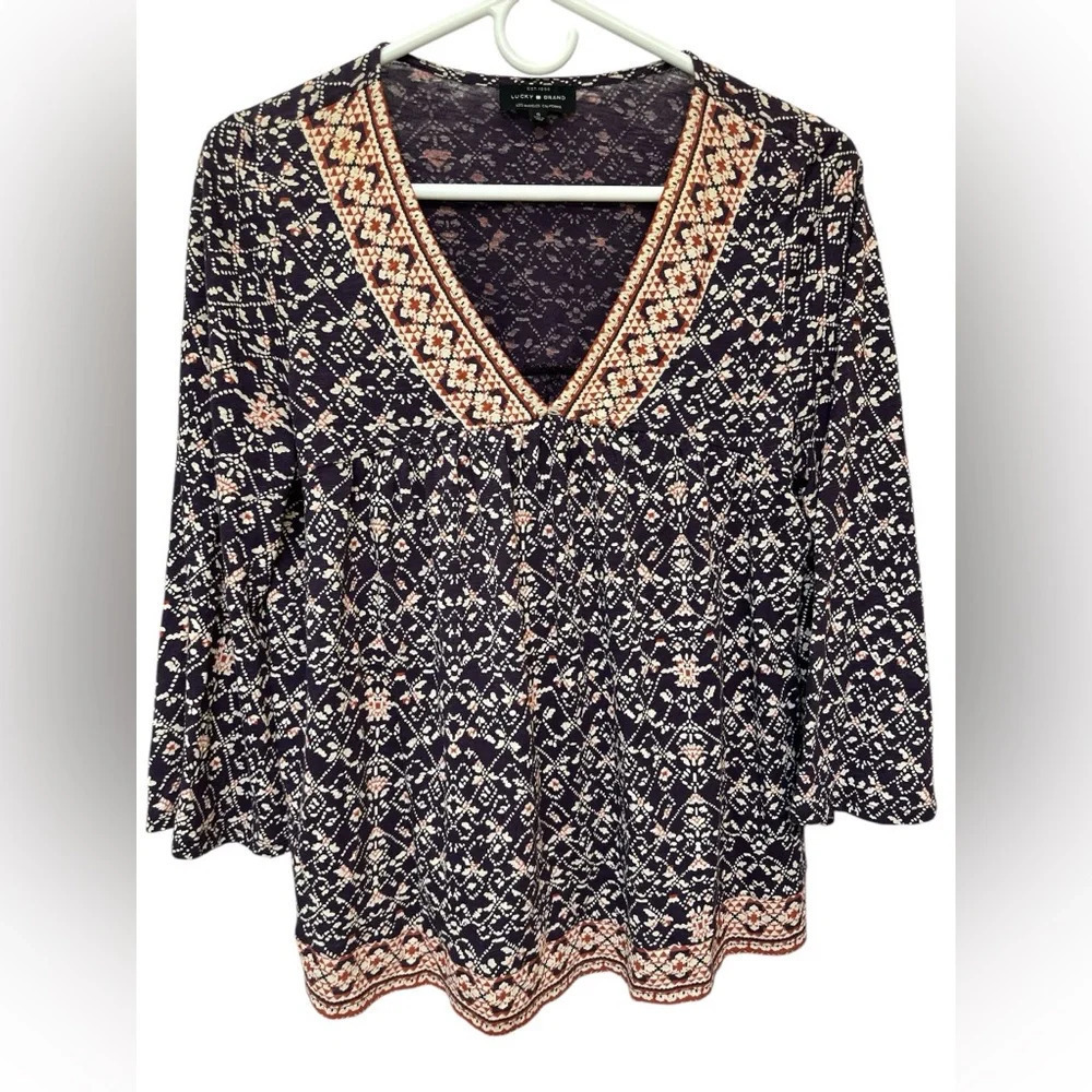 Lucky Brand Top Tunic Printed V-Neck Bell Sleeve Purple Boho Blouse